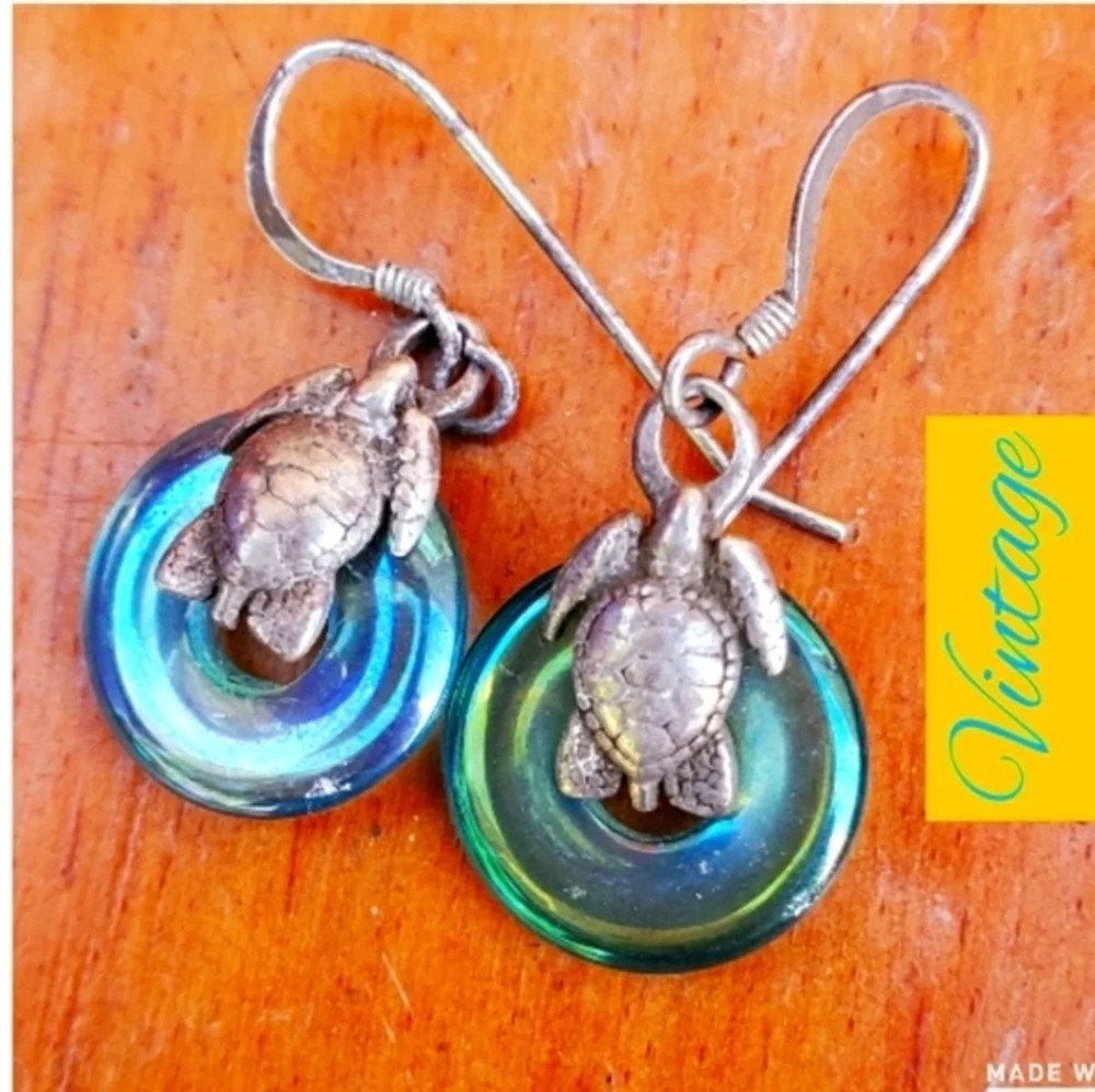 Vintage‎ art glass and sterling Coastal  earrings - Picture 3 of 9